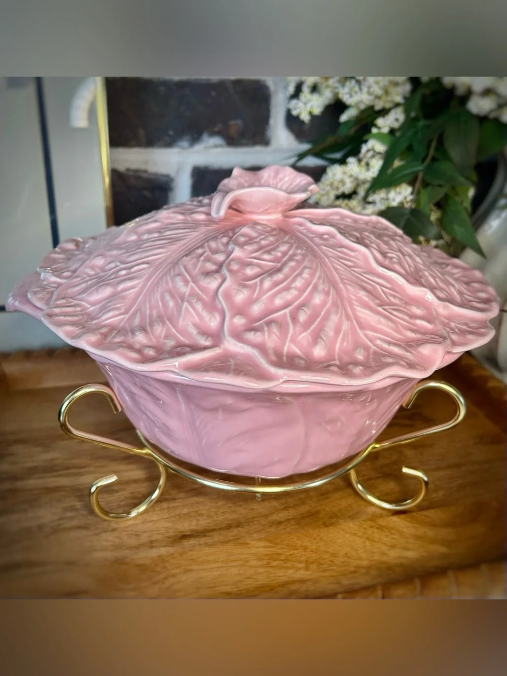 Vintage Pink Cabbage Leaf Casserole Dish with Gold Stand | MCM Miramar Californi